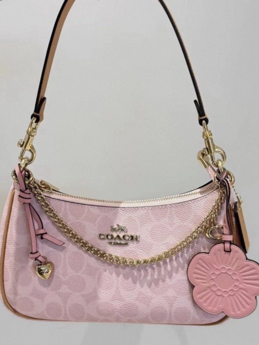 Coach Teri Shoulder Bag Signature Canvas Charms Gold/Powder PinkCEA20